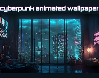 Op de afbeelding: Een geanimeerde cyberpunk-achtergrond met een nachtelijk uitzicht op een stad vanuit een raam. De stad is verlicht met neonlichten en de lucht is een levendig blauw. De kamer is donker en heeft een bed en een plant.
