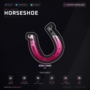 May include: A digital goal widget graphic featuring a horseshoe icon with a pink to dark red gradient fill, star accents, and a white outline. The interface displays the text HORSESHOE, a progress bar showing $350 / $500 at 69%, and feature icons.