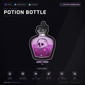 May include: A digital goal widget featuring a potion bottle graphic with a skull inside, filled with purple liquid and black smoke. The interface displays the text POTION BOTTLE, $400 / $500, 70%, and various feature icons including custom gradient and wave speed.