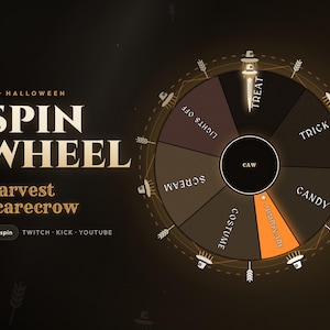 Op de afbeelding: Een Halloween draaiwiel grafische afbeelding met de tekst "HALLOWEEN SPIN WHEEL" en "Harvest Scarecrow". Het wiel is verdeeld in segmenten met de labels "TREAT", "TRICK", "CANDY", "JUMPSCARE", "COSTUME", "SCREAM" en "LIGHTS OFF".