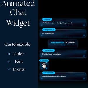 May include: A dark blue digital graphic showcasing an animated chat widget. The widget is customizable with options for color, font, and events. Sample chat messages are displayed, including user names and comments. The text "Animated Chat Widget" is at the top.