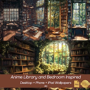 May include: Digital art of a library and bedroom scene with bookshelves, tables, and large windows. The text "Anime Library and Bedroom Inspired" is displayed. The image is designed for desktop, phone, and iPad wallpapers.