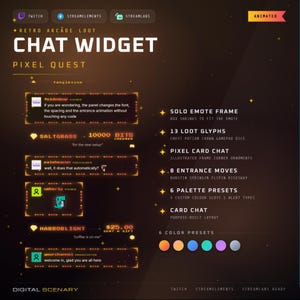 Retro Arcade Pixel Quest Animated Stream Package Twitch Overlays | OBS Streamlabs Chat Widget Alerts Emote Panels Kit Digital