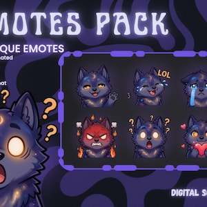 May include: A digital art pack featuring eight unique animated emotes of a wolf with a starry night design. The emotes display various expressions, including surprise, laughter, and anger. Text on the image reads "EMOTES PACK" and "DIGITAL SCENARY".