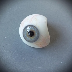 Puede incluir: Un ojo protésico con iris azul claro y pupila negra. El ojo está fijado en una base blanca y curvada con venas visibles. Está diseñado para imitar un ojo humano natural.