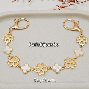 Pearly & Gold Clovers Bag Charms, Purse Keychain, Bag Charms, Women Handbag Accessory, Bag Lanyard, Stainless Steel, 18K Gold Plated