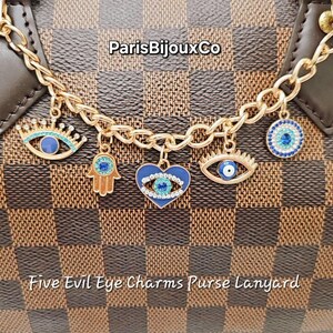 Five Evil Eye Charms Purse Lanyard with GoldChain, Bag Charms, Purse Charms, Bag Keychain, Bag Accessories, 18K Gold Plated, Gifts For Her