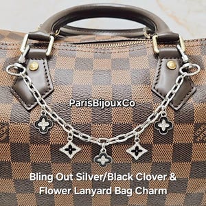 Black Clovers & Bling Out Flowers Bag Charms with Silver Chain, Purse Keychain, Women Handbag Accessory, Bag Lanyard, Gifts For Her