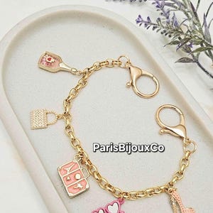 Gold Bag Chain with Multi Charms, Purse Lanyard, Purse Charms, Women Handbag Charm, Purse Keychain, Bag Charms, Purse Charm Accessory