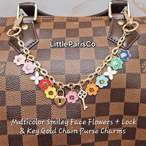 Multicolor Smiley Face Flowers and Lock & Key Purse Charms with Gold Chain, Purse Keychain, Bag Charms, Quality Handbag Accessory