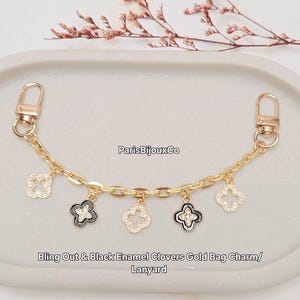 Bling Out and Black Enamel Clovers Bag Charm: Gold Chain Purse Keychain