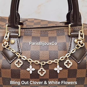 Bling Out Clovers & White Flowers Bag Charms with Gold Chain, Purse Keychain, Women Handbag Accessory, Bag Lanyard, Gifts For Her