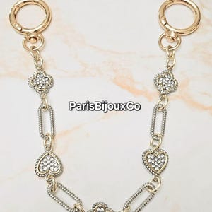 Double Sided Pave Diamante Clover & Heart Gold Silver Purse Charms, Purse Keychain, Bag Charms, Women Handbag Accessory, Bag Lanyard