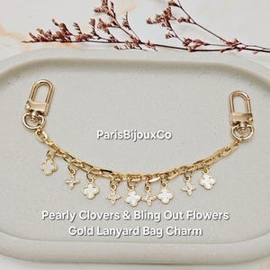 Pearly Clovers & Bling Out Flowers Bag Charms with Gold Chain, Purse Keychain, Women Handbag Accessory, Bag Lanyard, Gifts For Her
