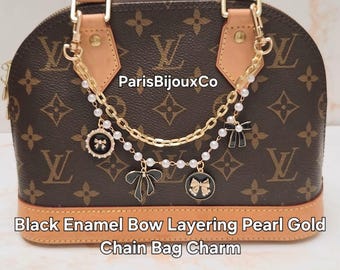 Black Enamel Bow Pearl Layering Gold Chain Bag Charm: Gold Chain Purse Keychain, Bag Accessory, Gifts For Her