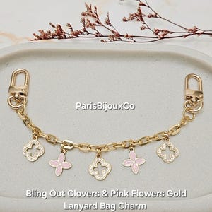 Bling Out Clovers & Pink Flowers Bag Charms with Gold Chain, Purse Keychain, Women Handbag Accessory, Bag Lanyard, Gifts For Her