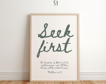 Arte murale cristiana "Cerca prima il Regno", stampa del versetto biblico di Matteo 6:33, download stampabile delle Scritture, decorazione minimalista per la fede