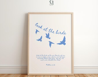 Look at the Birds Printable, Matthew 6:26 Bible Verse Wall Art, Minimalist Scripture Decor, Digital Download, Christian Artwork