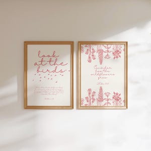 Bible Verse Wall Art Set l Pink Look at the Birds & Consider the Wildflowers l Christian Artwork Printable Decor, Scripture Digital Download