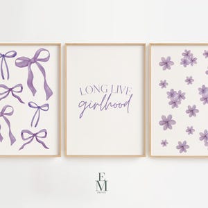 Coquette Nursery Art Prints: Purple Bow Floral Decor (Digital Download Set of 3
