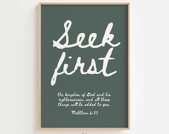 Arte murale cristiana "Cerca prima il Regno", stampa del versetto biblico di Matteo 6:33, download stampabile delle Scritture, decorazione minimalista per la fede