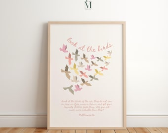 Mattheüs 6:26, kijk naar de vogels, print bijbelvers, christelijk kunstwerk, decor christelijk kinderdagverblijf, inspirerende schriftposter, afdrukbaar