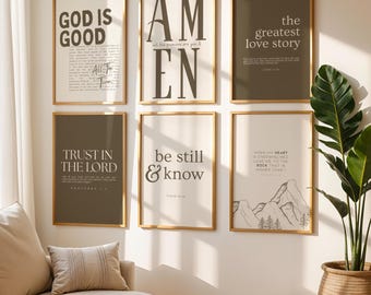 Neutral Christian Wall Art Set of 6, Brown Bible Verse Gallery Wall Prints, Modern Faith Decor, Scripture Wall Art Download