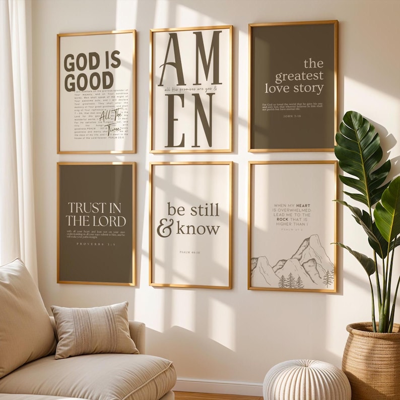 Neutral Christian Wall Art Set of 6, Brown Bible Verse Gallery Wall Prints, Modern Faith Decor, Scripture Wall Art Download image 1