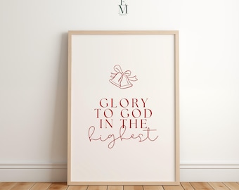 Glory to God in the Highest Christmas Print, Minimalist Scripture Wall Art, Red Holiday Bible Verse, Christian Decor Digital Download
