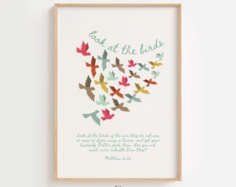 Mattheüs 6:26, kijk naar de vogels, print bijbelvers, christelijk kunstwerk, decor christelijk kinderdagverblijf, inspirerende schriftposter, afdrukbaar