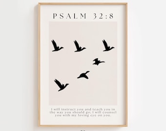 Nauczę cię i pouczę Psalm 32:8 Sztuka ścienna, Chrześcijańskie Pismo Święte do druku, Wydruk cyfrowy, Dekoracja chrześcijańskiego domu wiejskiego z wersetami biblijnymi