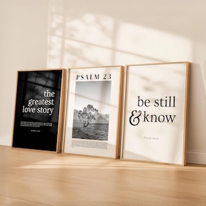 Set de 3 láminas cristianas en blanco y negro / Impresión de Juan 3:16 / Salmo 23 (paisaje) / «Estad quietos y sabed» / Láminas con versículos bíblicos / Decoración con las Escrituras