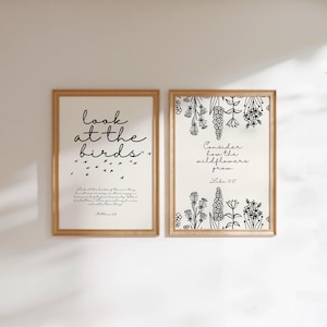 Bible Verse Wall Art Set of 2 l Look at the Birds & Consider the Wildflowers l Christian Artwork Printable Decor, Scripture Digital Download