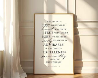 Philippians 4:8 Wall Art, Bible Verse Typography Print, Black and White Christian Decor, Minimal Scripture Printable, Modern Faith Art