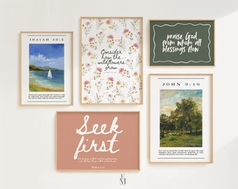 Christian Scripture Wall Art Set | Bible Verse Gallery Wall Printable | Digital Download | Consider the Wildflowers, Minimalist, Praise God