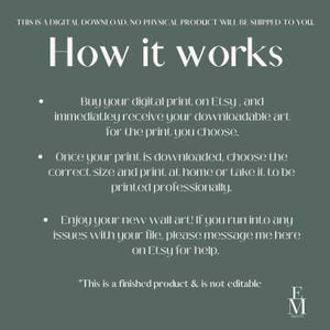 May include: A digital download graphic on a muted green background. The text "How it works" is at the top, followed by instructions on purchasing and printing the digital art. The EM Prints logo is at the bottom.