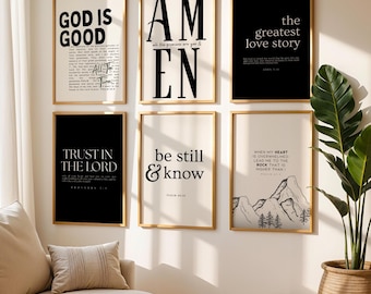 Christian Gallery Wall Set of 6 | Black and White Neutral Bible Verse Wall Art | Be Still & Know | God Is Good | Modern Faith Prints