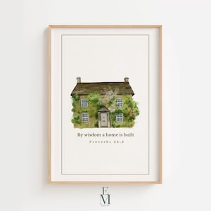 Arte de parede com versículo bíblico de Provérbios 24:3, aquarela vintage para impressão cristã, decoração com as escrituras "A casa é construída pela sabedoria", presente de inauguração
