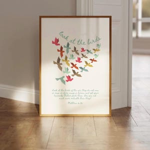 Mateo 6:26, Observa las aves, Impresión de versículos bíblicos, Obra de arte cristiana, Decoración cristiana para guardería, Póster inspirador de las Escrituras, Imprimible