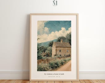 Mit Weisheit wird ein Haus gebaut, Sprüche 23, Christliche Kunstwerke, BEDRUCKBAR, Vintage Landschaft, Bibel-Vers-Wandkunst, Einweihungsparty-Geschenk