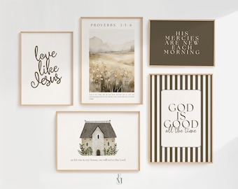 Brown Christian Wall Art Set of 6 | Neutral Scripture Prints | Bible Verse Gallery Wall | Farmhouse Faith Decor | Printable Minimalist Set