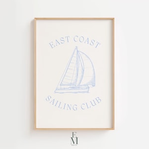 East Coast Sailing Club Digital Print – Nautical Wall Art, Coastal Decor, Vintage Sailboat Illustration, Blue Ocean Theme, Instant Download