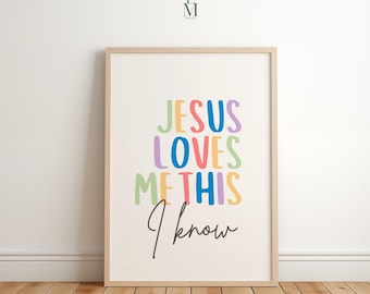 Jesus Loves Me Print, Christian Nursery Wall Art, Bible Verse Digital Download, Classroom Scripture Quote, Playroom Decor