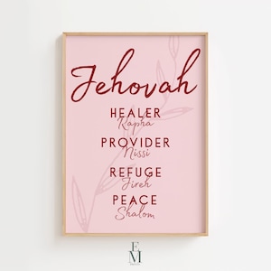 Jahwe Namen Gottes Christliche Wandkunst, Bibel-Vers-Dekor, Heiler Rapha, Versorger Nissi, Zuflucht Jireh, Frieden Shalom, druckbare Schriftkunst