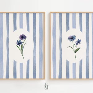Blue Vintage Floral Print , Pastel Pink Stripe, PRINTABLE Wall Art , Elegant Baby Girl Nursery Decor, Vintage Home Decor, Coquette