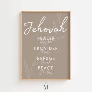Jahwe Namen Gottes Christliche Wandkunst, Bibel-Vers-Dekor, Heiler Rapha, Versorger Nissi, Zuflucht Jireh, Frieden Shalom, druckbare Schriftkunst