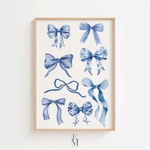 Blue Chinoiserie Bow Wall Art – Coquette Style Digital Print, Preppy Girly Room Decor, Instant Download, Nursery Decor