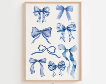 Lámina de lazo chinoiserie azul: Arte de pared infantil Coquette (Descarga digital)