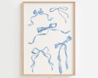 Arte de pared con lazo azul, decoración de habitación coqueta, arte de pared femenino, póster preppy de acuarela, IMPRIMIBLE, guardería azul, impresión digital