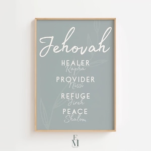 Jahwe Namen Gottes Christliche Wandkunst, Bibel-Vers-Dekor, Heiler Rapha, Versorger Nissi, Zuflucht Jireh, Frieden Shalom, druckbare Schriftkunst